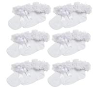 Sock Stack 6 Pairs Girls Tutu Frilly Ankle Socks with Lace & Bow Super Soft Wedding Christening Sock, White 6-8(2-4 Years)
