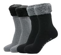 Sock Stack Pack of 2 Women's Feather TOT Slipper Socks with Anti-Slip Grips Cozy Warm Fleece Lined Winter Bed Non-Slip Indoor Lounge Socks, Black Grey 4-8