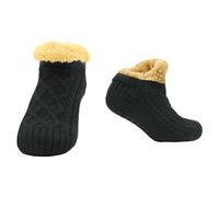 Sock Stack Short Nordic Cozy Slipper Fluffy Socks for Women and Men Heat Holding Knitted Wool Sock with Sherpa Fuzzy Lining Comfortable Bed Slippers, Black S/M UK 4/7