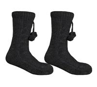 Sock Stack Womens Chunky Lounge Slipper Socks Boots Fluffy Lining Non Slip Soles Sock With Pom Poms Winter Gift 4-8, Black