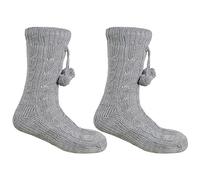 Sock Stack Womens Chunky Lounge Slipper Socks Boots Fluffy Lining Non Slip Soles Sock With Pom Poms Winter Gift 4-8, Grey