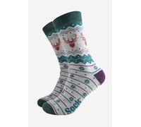 Sock Talk Men's Fair Isle Stag Christmas Bamboo Socks - Grey/Green in Green | Size: 7-11 Sock Talk Green 7-11