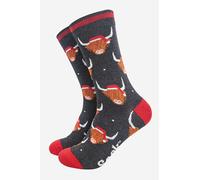 Sock Talk Men's Highland Cow Santa Hats Christmas Bamboo Socks Black Marl Red | Size: 7-11 Sock Talk Black 7-11