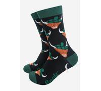 Sock Talk Men's Highland Cows Scottish Tartan Hats Bamboo Socks Black Green | Size: 7-11 Sock Talk Black 7-11