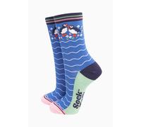 Sock Talk Women's Bamboo Socks - Blue, Puffins & Flowers in Blue Sock Talk Blue One Size