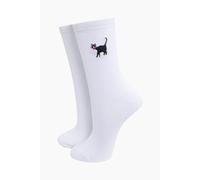 Sock Talk Women's Black Cat Embroidered Cotton Socks - White | Size: 3-7 Sock Talk White 3-7