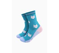 Sock Talk Women's Cats Striped Bamboo Socks in Teal | Size: 3-7 Sock Talk Teal 3-7