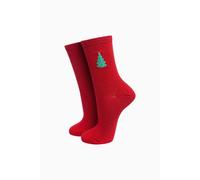 Sock Talk Women's Christmas Tree Embroidered Cotton Glitter Socks in Red | Size: 3-7 Sock Talk Red 3-7