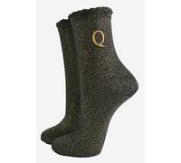 Sock Talk Women's Embroidered Initial Alphabet Letter Q Glitter Socks - Black/Gold in Black | Size: 3-7 Sock Talk Black 3-7