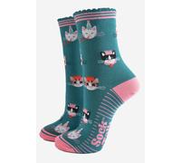 Sock Talk Women's Funny Cats Christmas Party Bamboo Socks - Green/Pink in Green | Size: 3-7 Sock Talk Green 3-7