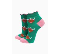 Sock Talk Women's Highland Cow Bamboo Trainer Socks in Green | Size: 3-7 Sock Talk Green 3-7