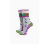 Sock Talk Women's Highland Cow & Thistles Striped Bamboo Socks in Cream | Size: 3-7 Sock Talk Cream 3-7