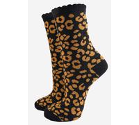 Sock Talk Women's Leopard Print Cotton Glitter Socks -Black/Orange in Black | Size: 3-7 Sock Talk Black 3-7