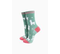 Sock Talk Women's Llama Floral Fluffy Bamboo Socks in Green in Mint | Size: 3-7 Sock Talk Mint 3-7
