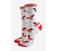 Sock Talk Women's Sausage Dog Christmas Robins Bamboo Socks - Grey/Red in Grey | Size: 3-7 Sock Talk Grey 3-7