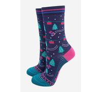 Sock Talk Women's Ski Cable Cars Christmas Bamboo Socks Navy | Size: 3-7 Sock Talk Navy 3-7
