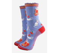 Sock Talk Women's White Cats Funny Christmas Bamboo Socks - Blue/Red in Blue | Size: 3-7 Sock Talk Blue 3-7