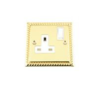 Socket 1 Gang - Polished Brass Georgian - White Insert Plastic Switch - 13A Single Wall Plug Socket