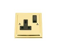 Socket 1 Gang - Victorian Polished Brass - Black Insert Plastic Switch - 13A Single Wall Plug Socket