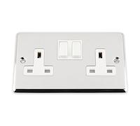 Socket 2 Gang - Polished Chrome - Classic - White Insert Plastic Switch - 13A Double Wall Plug Socket