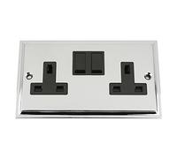 Socket 2 Gang - Polished Chrome - Victorian - Black Insert Plastic Switch - 13A Double Wall Plug Socket