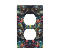 Socket Decorative Wall Plate HHGFASD The Mechanical City with red Figures Pattern Home Decoration Flexible and Elastic for Kitchen Living Room Bedroom