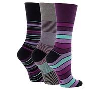 SockShop 3 Pairs of Ladies Gentle Grip Patterned Socks, Various Designs/Colours, Ladies UK Size 4-8 (Black Striped)