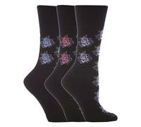 SockShop 3 Pairs of Ladies Gentle Grip Patterned Socks, Various Designs/Colours, Ladies UK Size 4-8 (Zoe - Black Rose)