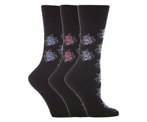 SockShop 3 Pairs of Ladies Gentle Grip Patterned Socks, Various Designs/Colours, Ladies UK Size 4-8 (Zoe - Black Rose)