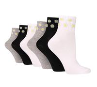 SockShop 6 Pairs Wildfeet Ladies Ribbed Mid Cut Crew Socks (UK, Numeric, 4, 8, Regular, Regular, 6 x White/Grey/Black Flowers)