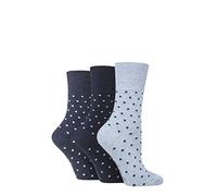 SockShop Gentle Grip Ladies Floral Spotted Patterned and Striped Honeycomb Top Cotton Socks in a Multipack of 3 Assorted Colours Size 4-8 Digital Dots Navy/Denim 4-8