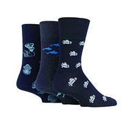 SockShop Gentle Grip Mens Fun Feet Soft Top Novelty Patterned Soft Breathable Cotton Socks in a Multipack of 3 Deep Sea 6-11