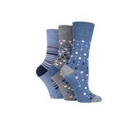 SOCKSHOP Gentle Grip Women's 3 Pair Patterned Bamboo Socks in Mid Blue | Size: 4-8 SOCKSHOP Gentle Grip Mid Blue 4-8