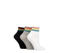 SockShop Wildfeet Ladies Ankle Socks - Plain with Patterned Cuff Mid Cut Ribbed Soft Cotton Crew Socks Pack of 3 Size 4-8 (4-8, White/Grey/Black Rainbow)