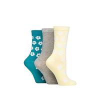 SockShop Wildfeet Ladies Bamboo Socks -Patterned Fun and Colourful Soft Breathable Socks Multipack of 3 Pairs (UK, Numeric, 4, 8, Regular, Regular, Flowers Yellow/Grey/Teal)