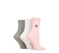 SockShop Wildfeet Ladies Embroidered Socks - Mid Length Frill Top Embroidered Cotton Socks 3 Pair Multipack Size 4-8 (4-8, Mushroom)