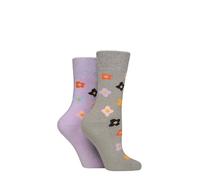 SockShop Wildfeet Women's Thermal Socks - Crew Length, Plain, Patterned, Striped, Warm, Cosy, Outdoor, 2 Pair Multipack Size 4-8 Grey/Purple Floral