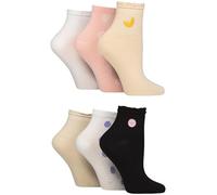SockShop Women's Anklet Socks, Ankle High, Frill Welt Cuff, Ribbed, Soft Breathable Bamboo Material, 6 Pair Multipack in Size 4-8 Croissant Smiles