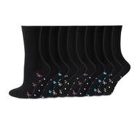 Socksmad 10-Pair Womens Black Socks Multipack Size 4-7, Crew Style with Fun Heart & Bow Pattern, Soft, Breathable Cotton for All-Day Comfort, Perfect for Work, Casual Wear & Gifting, Styled in England