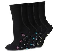 Socksmad 5-Pair Women's Black Socks Multipack Size 4-7, Crew Style with Fun Heart & Bow Pattern, Soft, Breathable Cotton for All-Day Comfort, Perfect for Work, Casual Wear & Gifting, Styled in England