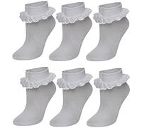 Sockstack 6 Pairs Kids Girls Frilly Plain Lace Ankle Socks Children’s Cotton Rich School Sock Back to School Styles Design Everyday, White, 12/3