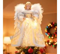 Sockywin Angel Christmas Tree Topper with Lights, 32cm Angel Tree Topper with White Feather Wings, Light Up for Top of Christmas Tree Toppers Decorations Ornament for Indoor Home Holiday Decor