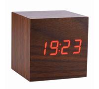 Socobeta Alarm Clock Wooden Digital Desk Alarm Clock Temperature LED Time Display Calendar Voice Control Brown Wood with Red Light Bedroom Household Decoration 6x6x6cm/2.36x2.36x2.36inch