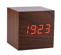 Socobeta Wooden Alarm Clock, PVC Temperature Display Function Alarm Clock for Nightstands Desks Shelves (Brown wood + red light)