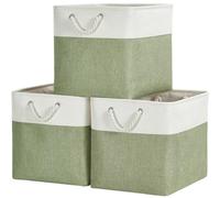 SOCOHOME Fabric Cube Storage Boxes,25x25x25cm Canvas Storage Baskets for Nursery Closet Toys Shelf(Green/White, Set of 3)