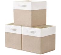 SOCOHOME Fabric Cube Storage Boxes,25x25x25cm Foldable Storage Baskets for Toys Clothes Shelf Nursery Closet(Light Khaki/Creamy White, Set of 3)