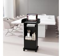 Socomf Portable Podium Stand with Wheels, Mobile Wood Lecterns with Adjustable Storage Shelf, Rolling Church Pulpits, Host Stand for Office Conference School（Black）