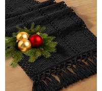 Socomi Boho Table Runner Fall Thanksgiving Farmhouse Rustic Dining Kitchen Centerpiece Decor Small Macrame Woven Cotton Linen Coffee Table Runner for Dresser Scarf Home Decor 12x36 inch Black