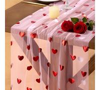 Socomi Valentine's Day Red Heart Table Runner Gauze Sheer Romantic Sequin 10FT Glitter Metallic Foil Dining Wedding Birthday Party Baby Shower Holiday Centerpiece Table Decor Pink