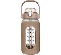 Socueny 64Oz Glass Water Bottles with Straw, Glass Bottle with Silicone Sleeve and Time Marker, for Gym Home Office Brown